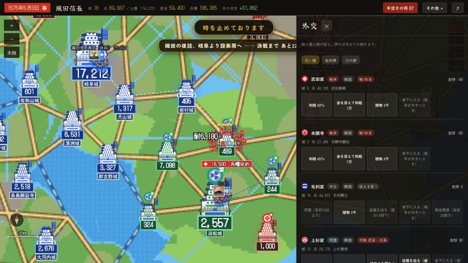 同盟と従属などを選ぶ実際の外交画面